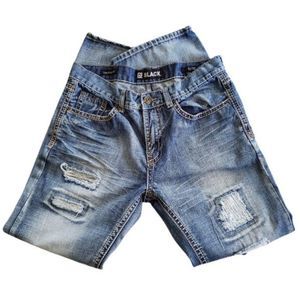 Black Jeans Mens 32×32 Low Rise Boot Factory Distressed Blue Frayed EUC 0747